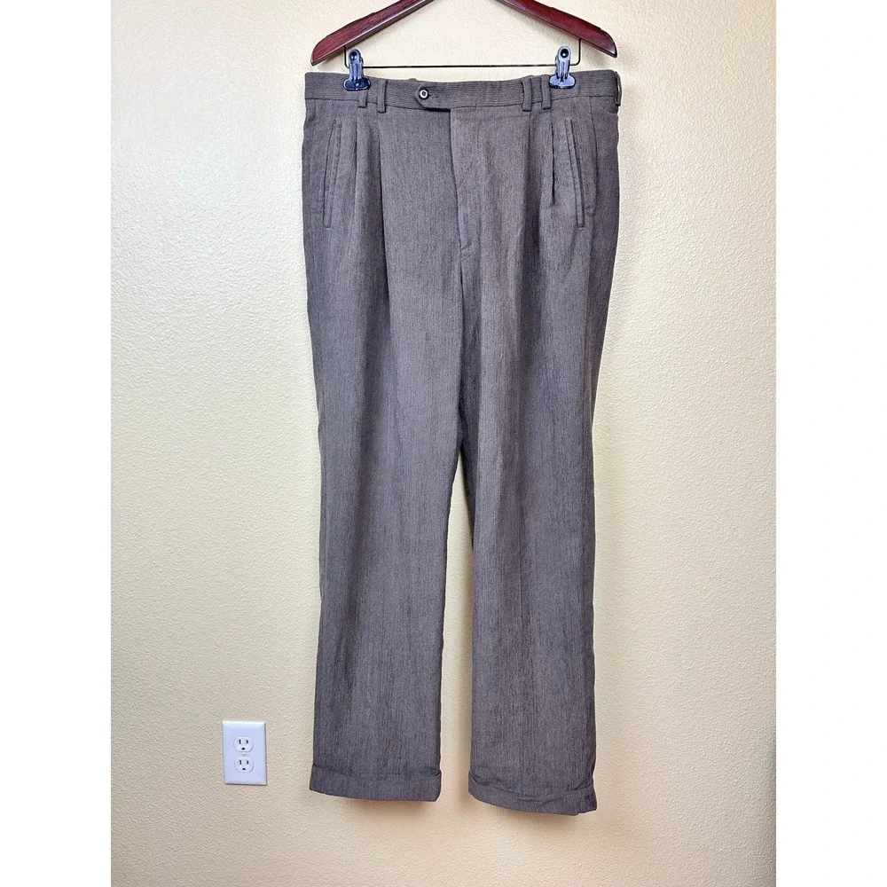 St. Croix Men's Pleated  Textured Wool Blend Pants 34x32 Straight Cuff Leg Brown